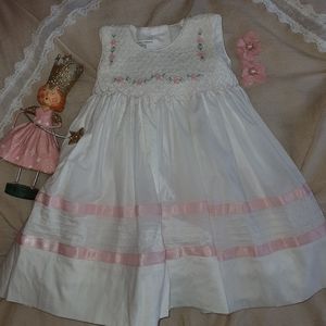 White dress with smoked top & floral embroidery